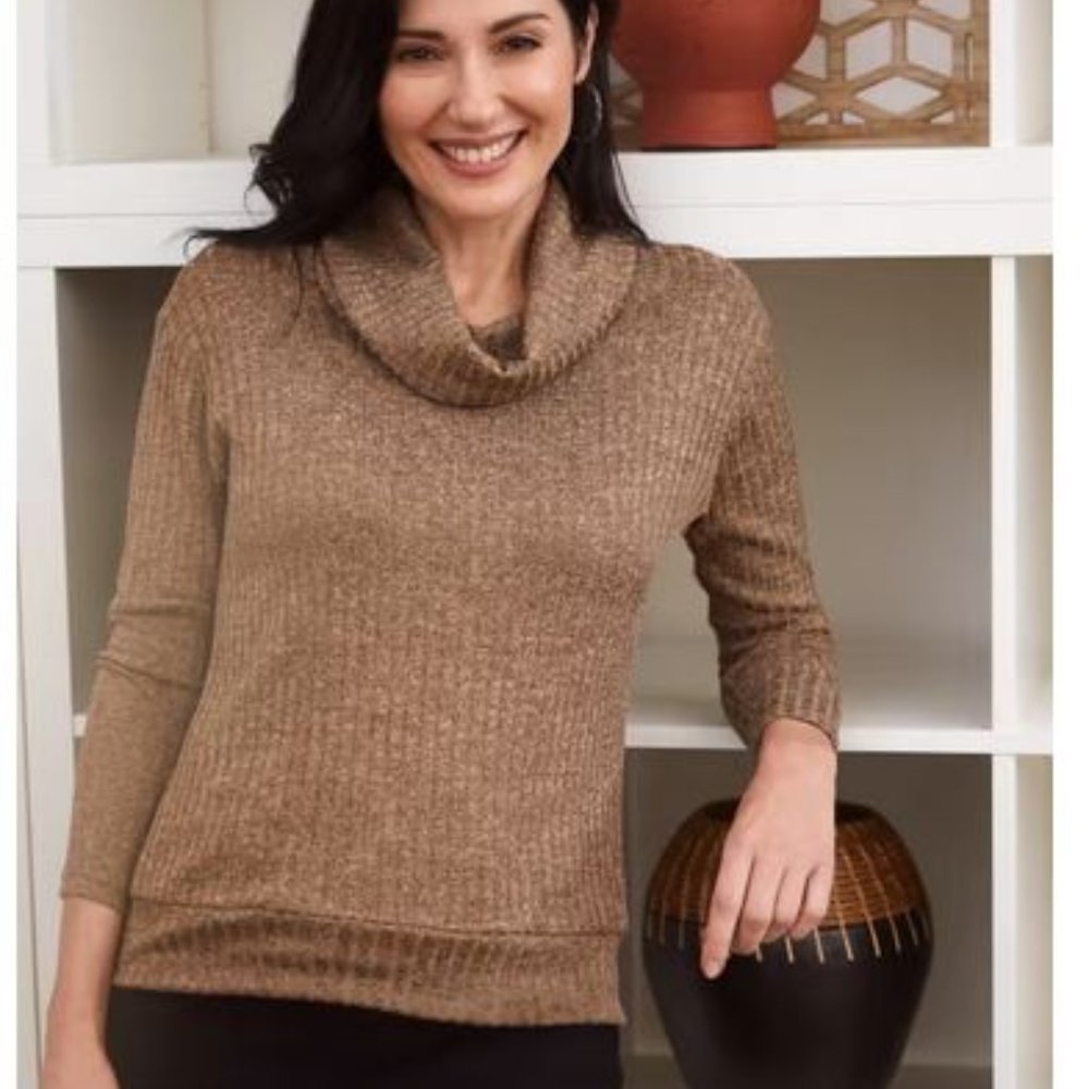 LAURA (petites):  Cowl Neck Rib Knit Top - oatmeal mix
